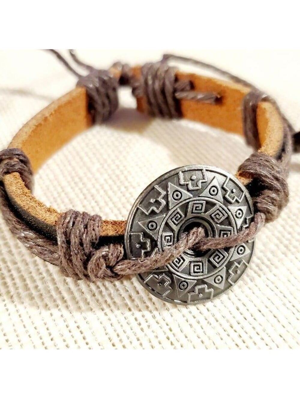 Aztec Sun Leather Cotton Bracelet